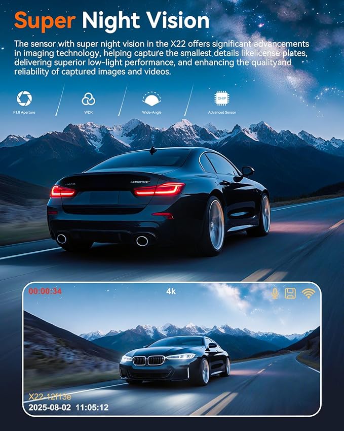 Dash Cam Front and Rear, 4K Front Dash Cam, 3K+1080P Dual Dash Camera for Cars, Built-in WiFi, Car Dashcams with Night Vision, Free 64GB Card, 24H Parking Mode, App Control, Silvery