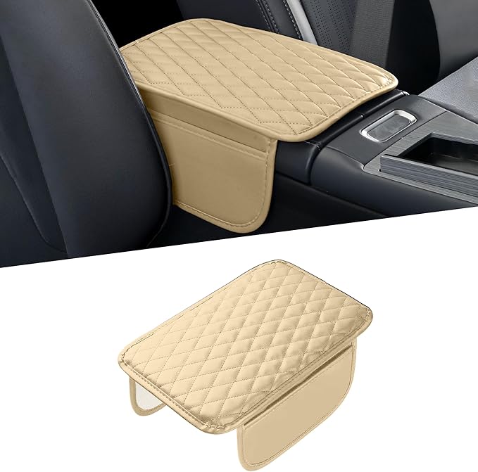 Car Center Console Cover, Universal Center Console Protector Pad with Soft Microfiber Leather & 2 Storage Pockets, Non-Slip Cushion for Car SUV Truck Interior Accessories (Beige)