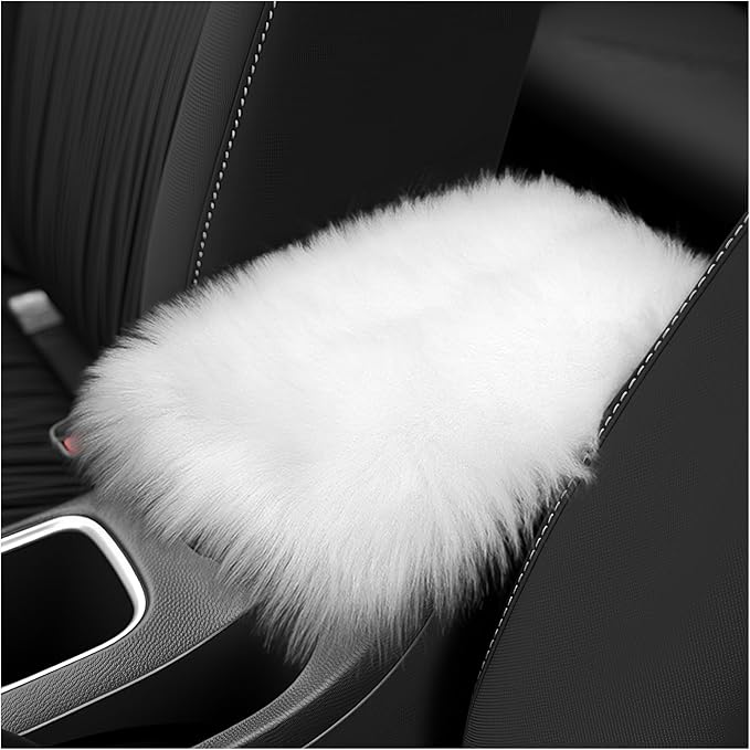 Soft Car Center Console Cover,Fluffy Arm Rest Cover for Car with Elastic Straps to Relieve Fatigue,Cars Armrest Cushion Universal Cars Decorations for Vehicles SUVs Trucks (White)