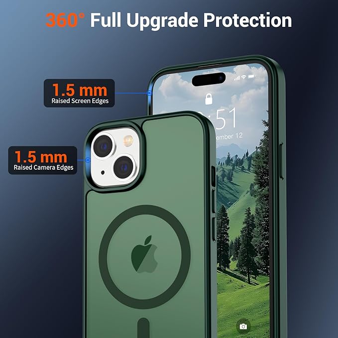 SUPFINE Magnetic for iPhone 15 Case (Compatible with MagSafe) (Military Grade Drop Protection) Slim Translucent Matte Shockproof with Anti-Fingerprint Phone Case, Forest Green