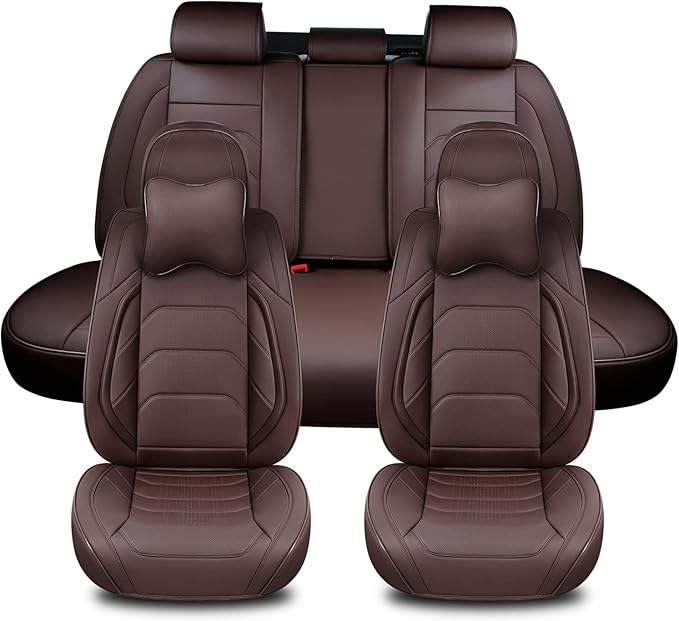 Brown Car Seat Covers Full Set, Breathable Leather Automotive Front and Rear Seat Covers & Headrest for Reduce The Driving Fatigue, Compatible with Most Vehicles, Cars