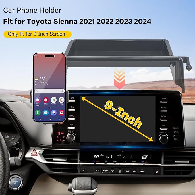 Car Phone Holder Fit for Toyota Sienna 2021 2022 2023 2024 w/DashTray Storge Box Organizer-Cell Phone Mount for Sienna Accessories 9 inch Touch Screen 360 Degree Rotation (Not fit Sienna 2025)