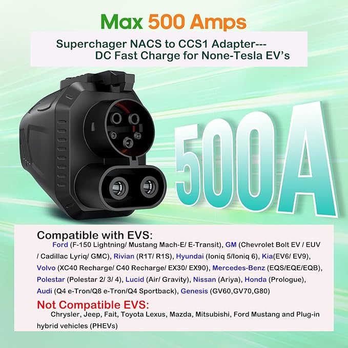 NACS to CCS Electric Vehicle Adapter for Tesla Supercharger, 500 Amps/1,000V Fast DC Charge CCS1 EV‘s, Compatible with Ford, GM, Nissan, Volvo, Rivian, Hyundai and More - UL 2252 SGS Certified
