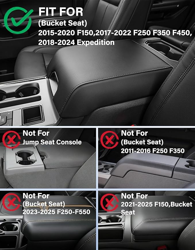 Center Console Cover for 2015-2020 Ford F150 Accessories, 2017-2022 F250 F350 F450 F550, 2018-2024 Expedition, PU Leather Middle Console Cushion Armrest Cover Protector (FITS Bucket Seat Only)