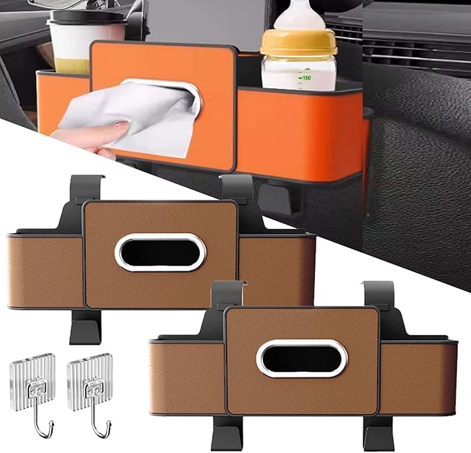 3-in-1 Car Backseat Organizer, 2026 Upgraded Multifunctional Car Seat Back Storage Box, Backseat Car Organizer with 2 Cup Holders, Tissue Box & Hooks, Universal Car Essentials (2Pack B)