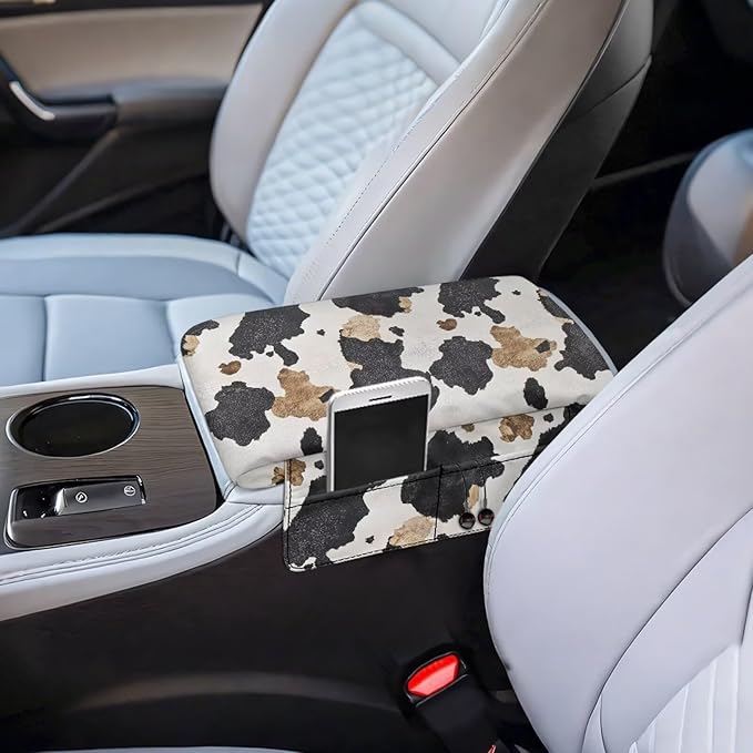 Tupalatus Cow Print Car Center Console Cover with 2 Storage Bags Auto Armrest Cover Protector Washable Car Accessories Decor Water-Resistant Universal Fit for SUV Truck Sedan Van