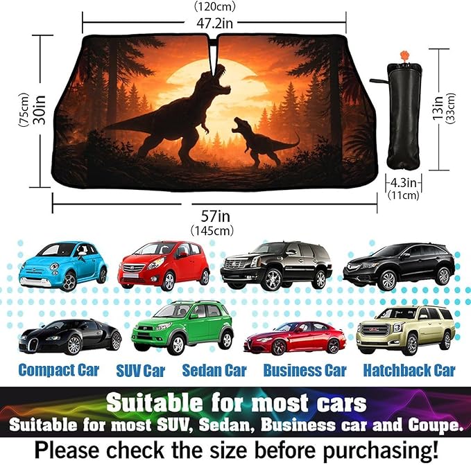 Dinosaur Sunset Car Windshield Sunshade Umbrella Sunset Print Sun Shade for Car Windshield Umbrella Upgraded Sunshades Blocks UV & Heat Front Window Shades for SUV Sedan Auto