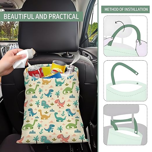 Cute Car Trash Can, Hanging Canvas Car Back Seat Organizer and Storage Bag, Funny Car Trash Bag For Travelling, Outdoor Cute Colorful Cartoon Dinosaur