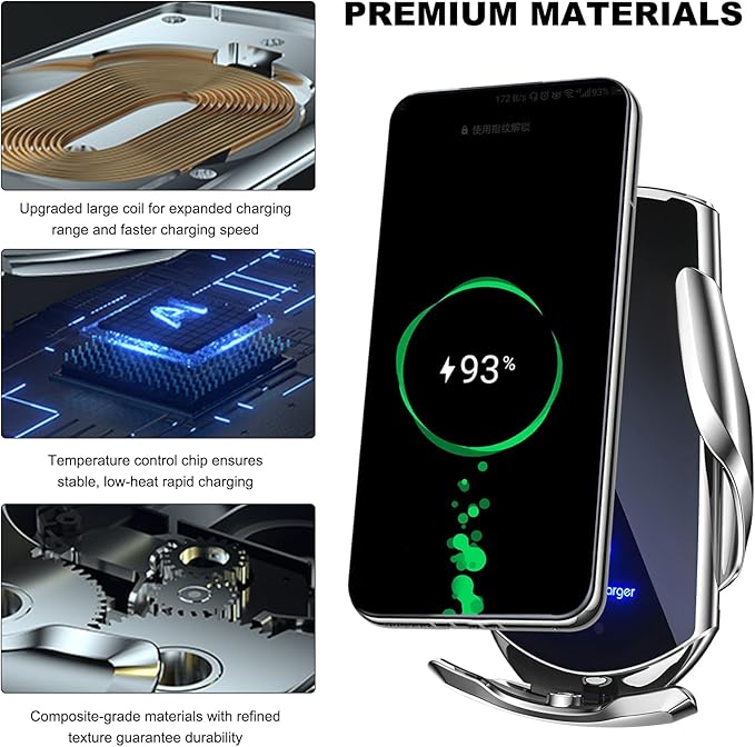 Wireless Car Charger, 15W Fast Charging Mount Electric Induction Car Phone Holder, Universal Auto-Clamping Magnetic Charger Air Vent Mount Bracket for Most Smartphones (Silver)