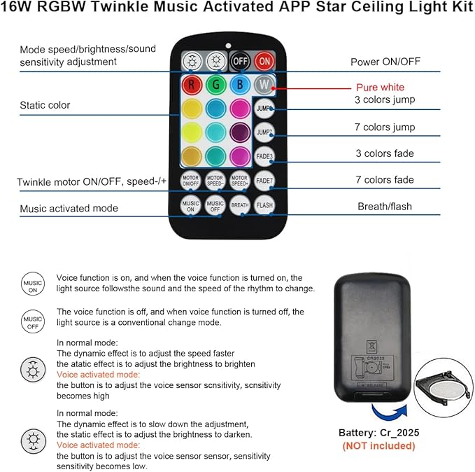 AKEPO Small Size 16W RGBW APP Twinkle Fiber Optic Lights, Sound Activated 500pcs(0.03+0.04+0.06in) 9.8ft/3m Optical Fiber Star Ceiling Light Kit for Car Truck Starlight Headliner/Home