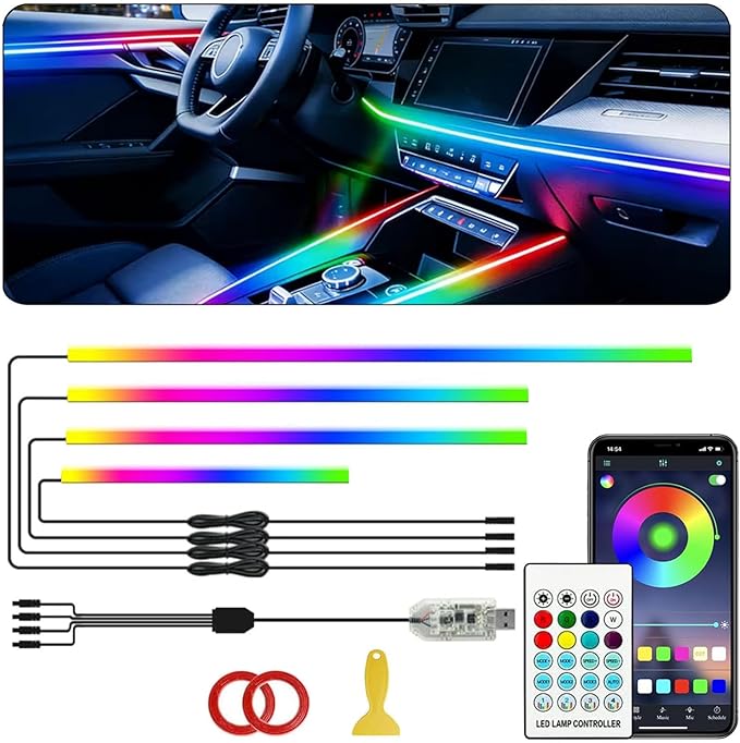 Acrylic Interior Car LED Strip Light with APP Remote Control, 116in 4 in 1 USB RGB Dreamcolor Neon Flexible Strip Fiber Optic LED Ambient Lighting Kits,RGB Music Lights Sync for Inside car Decorations