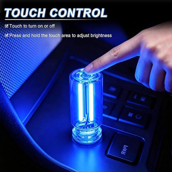 iFunyLED Car Interior USB LED Night Light, Portable Touch dimmable Car Ambient Lighting Kit, Retro Mini Transparent Glass Bottle Lamp Decorations for Vehicle Camping Bedroom Hallway, Pack of 2(Blue)