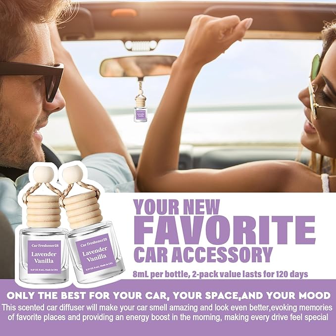 C Classy Hanging Car Air Freshener 2 Pack, Lavender Vanilla Essential Oil Diffuser, Long-Lasting Fragrance, Cute Glass Bottle Car Accessories for Women & Men, Made in USA