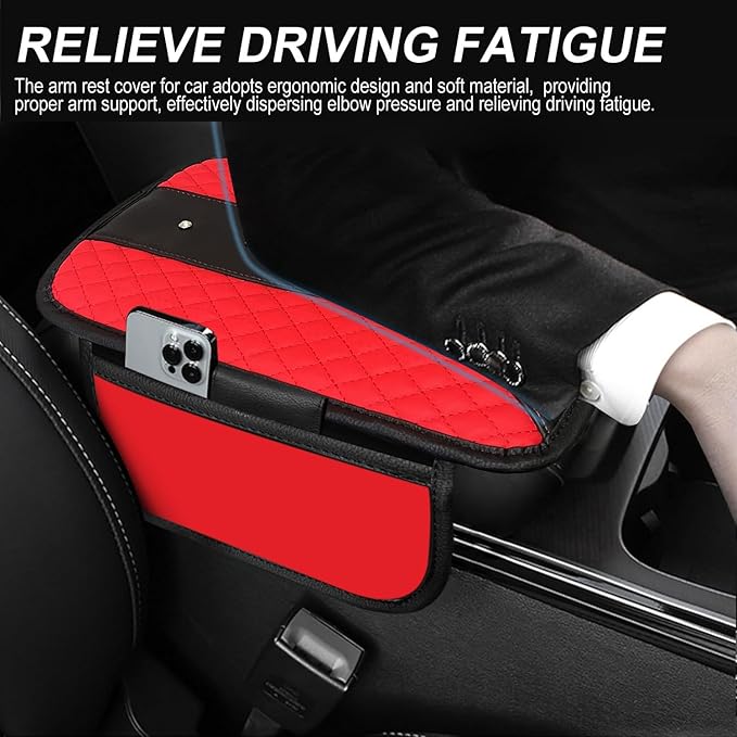 NBTEPEM Bling Crown Car Center Console Armrest Cover, Leather Middle Console Cover Cushion with 2 Storage Bags, Car Armrest Storage Box Interior Accessories for Most Vehicles(Red)
