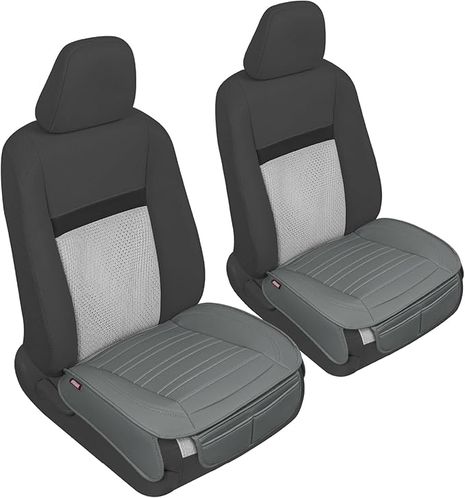 Motor Trend Seat Covers for Cars Trucks SUV, Faux Leather 2-Pack Gray Padded Car Seat Covers with Storage Pockets, Premium Interior Seat Cover