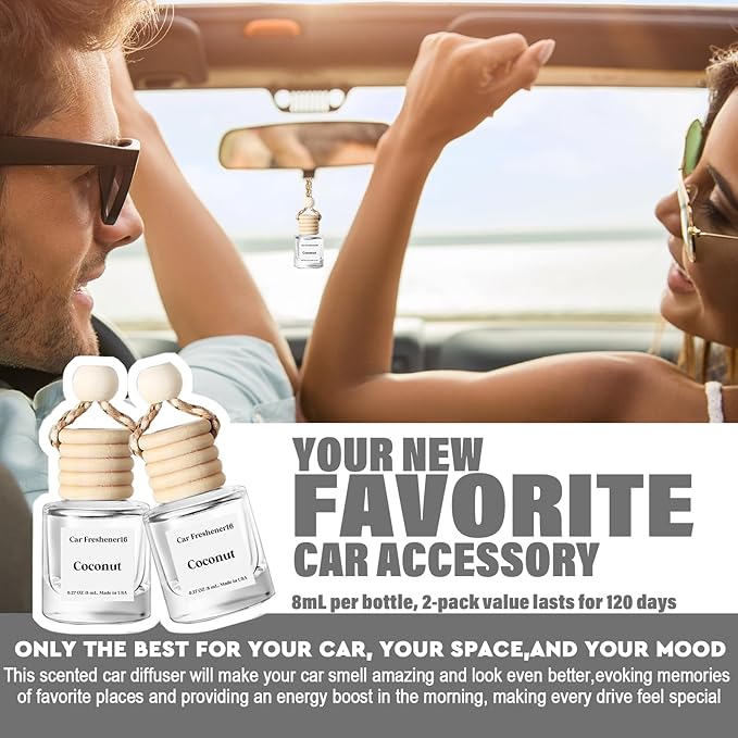 C Classy Hanging Car Air Freshener 2 Pack, Coconut Essential Oil Diffuser, Long-Lasting Fragrance, Cute Glass Bottle Car Accessories for Women & Men, Made in USA