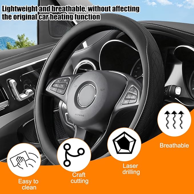 Car Steering Wheel Cover, 14.5-15" Breathable Soft Leather Vehicle Steering Wheel Protector with Anti-Slip Lining, Comfortable Auto Interior Decoration Accessories, Universal Fit (Black)