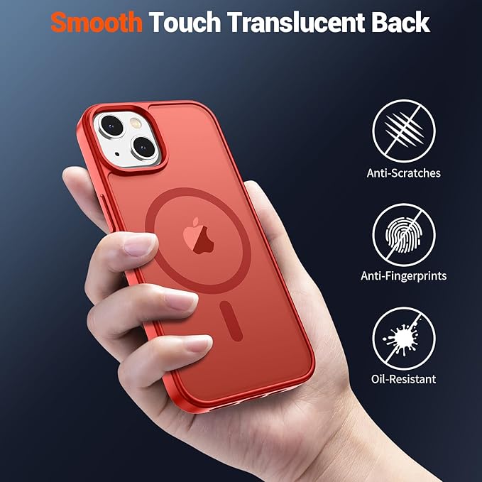 SUPFINE Magnetic for iPhone 15 Case (Compatible with MagSafe) (Military Grade Drop Protection) Slim Translucent Matte Shockproof with Anti-Fingerprint Phone Case, Red