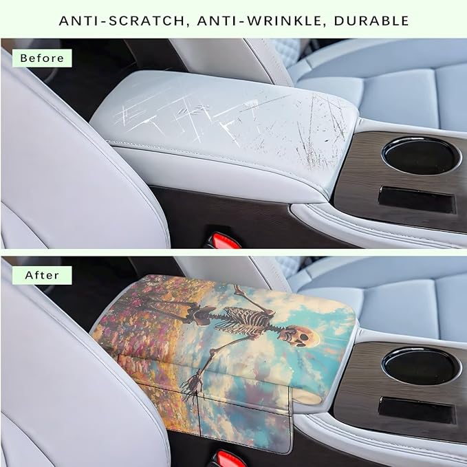 Armrest Cover Pad for Car, Car Center Console Pad with 4 Storage Bag, Skull Floral Universal Car Decor Accessories Fit for Most Cars, Vehicles, SUVs