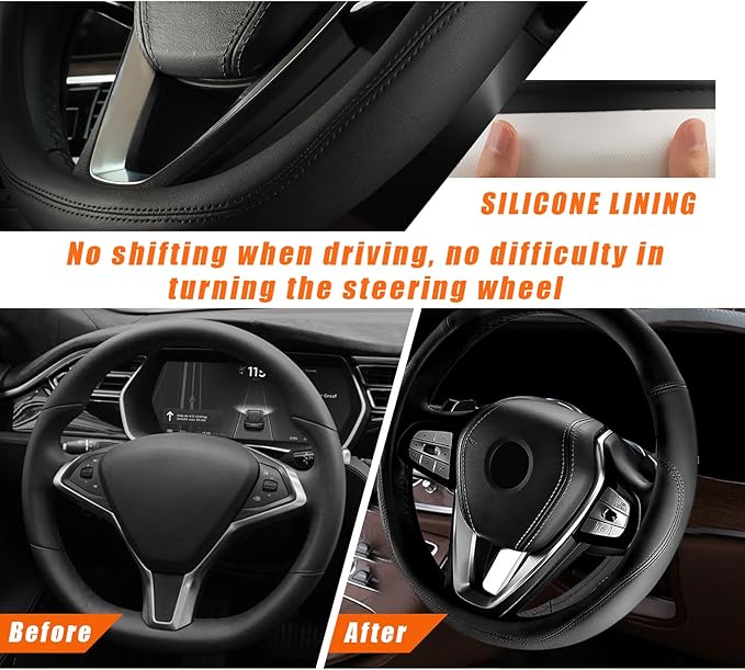 Ziciner Steering Wheel Cover, Soft Leather Premium Durable Elastic Auto Wheel Cover Protector, Stretch Breathable Anti-Slip Lining, Universal 14.5-15 inch Car Interior Accessories (Black)