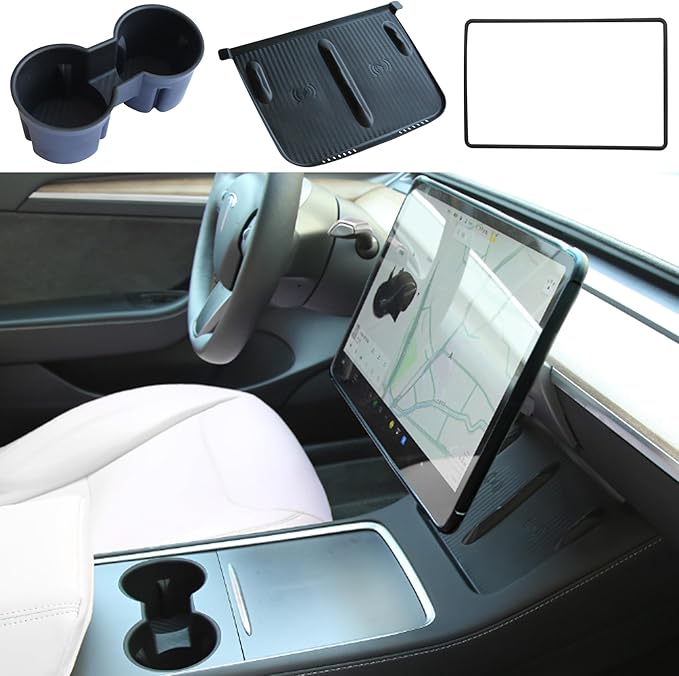 TOPABYTE 3PCS Center Console Accessories for Tesla Model Y 2021-2024 and Model 3 2021-2023 Cup Holder Insert, Screen Edge Protector Frame, Silicone Wireless Charger Mat, Black