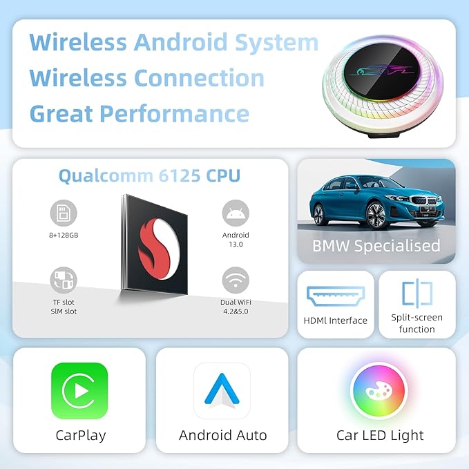 [8G+128G] Carplay Ai Box for BMW/Porsche/Other Cars,Fast Car Video Box Android 13 System Adapter Magic Portable Head Unit,Support Voice Assistant/SIM&TF Card/Online Netflix/YouTube/Disney+/Hulu/GPS/