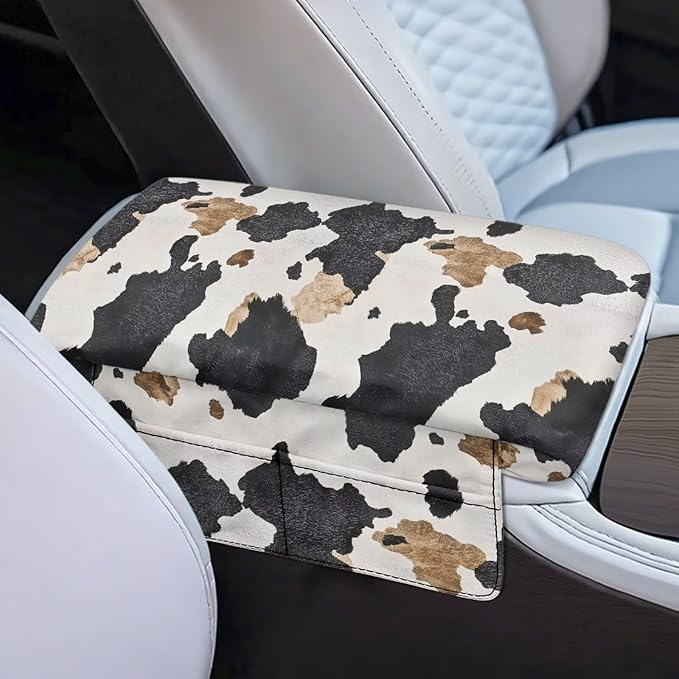 Tupalatus Cow Print Car Center Console Cover with 2 Storage Bags Auto Armrest Cover Protector Washable Car Accessories Decor Water-Resistant Universal Fit for SUV Truck Sedan Van