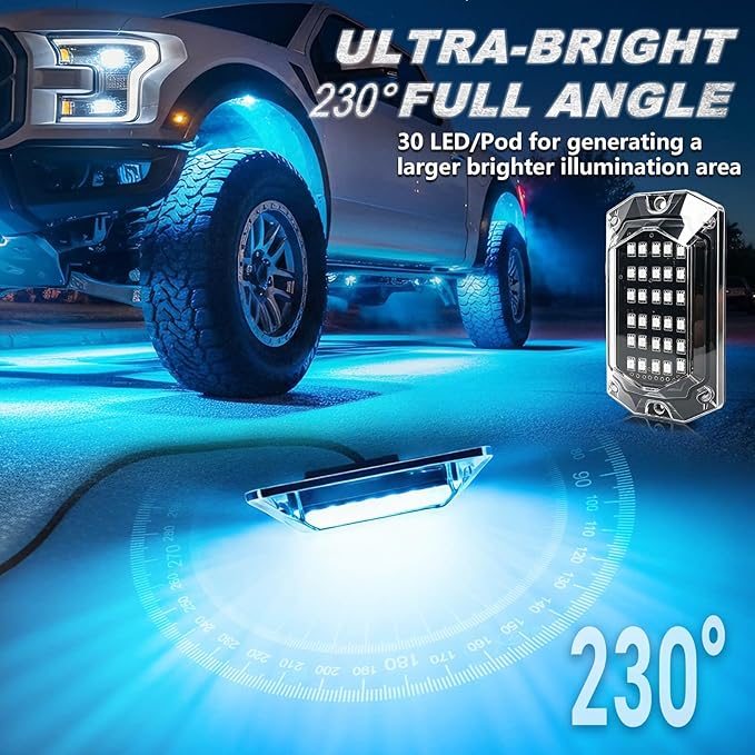 10Pods Full Angle RGB LED Rock Lights Full Kit for Jeep Truck ATV UTV SXS RZR Golf Cart Offroad Pickup,300Chip Waterproof Multicolor Underglow Light with APP/RF Remote, Neon Underbody Accent Light 12V