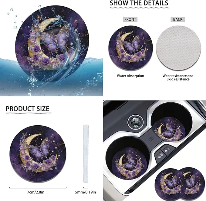 Purple Butterfly& Moon Car Accessories for Women Cute Steering Wheel Cover Car Handbrake Cover,Cup Mat 6 Pcs Cars Interior Decor Suit for Vans Truck SUV