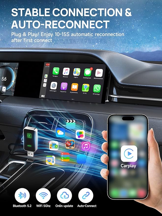 Moman Wireless CarPlay Adapter, Plug & Play Car Play in-Dash Converter for iOS 10+ & Android Auto with USB-A/USB-C Convert Wired to Wireless for 800+ Cars (2016+)