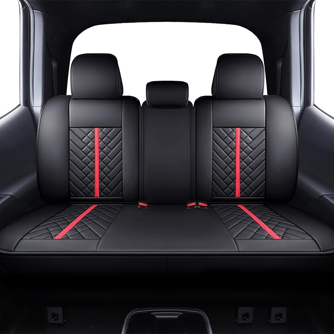 Tomatoman Tacoma Rear Seat Covers Compatible with Toyota Tacoma 2005-2025 2026 TRD Sport OffRoad Limited SR5 V6 Crew Double Extended Cab Truck Waterproof Leather Back Car Cushions(Rear Seat/Black-Red)