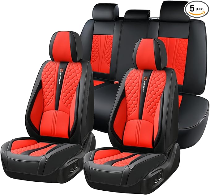 Car Seat Cover Set, Red Automotive Interior Accessories, Universal Fit, with Lumbar Support, Premium Nappa Leather, Waterproof, Non-Slip, Easy Installation, Fits SUVs, Pickups, Sedans