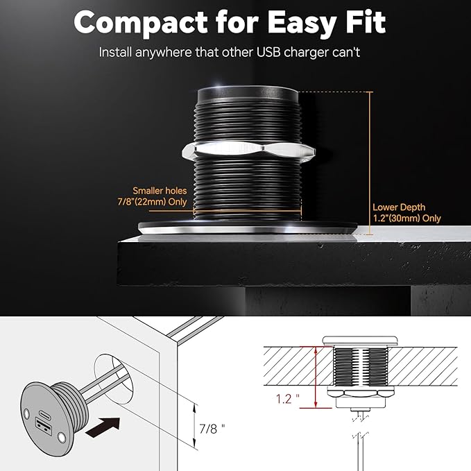 12V USB Outlet All-Aluminum QC 3.0 USB-A & USB-C PD3.0 Dual High-Speed Charger Socket, Recessed Mount Type-A Type-C Port for Camper Van Trailer RV Boat Truck (Big Version)