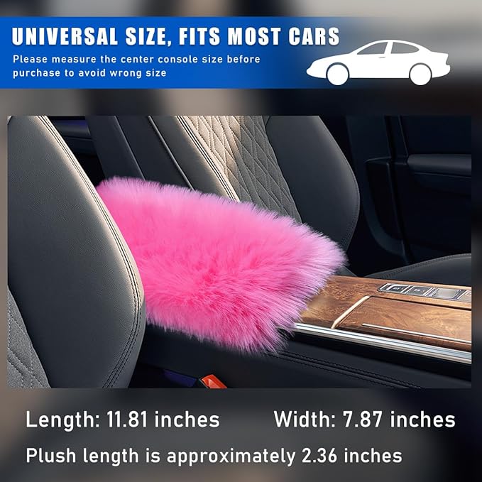Furry Car Center Console Cover, 11.8"×7.9" Sheepskin Wool Armrest Box Cushion Pad, Comfort Soft Auto Center Console Protector, Interior Decor Accessories for Most Vehicles (Dark Pink)