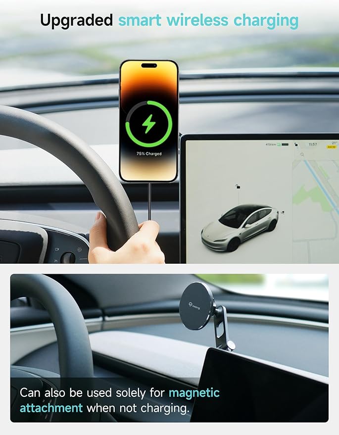 TPARTS Foldable Magnetic Phone Holder Car Mount for Tesla 3/Y/X/S, Wireless Charging Cellphone Mount Compatible with iPhone 12/13/14/15/16 and Other Series Phones with Metal Ring