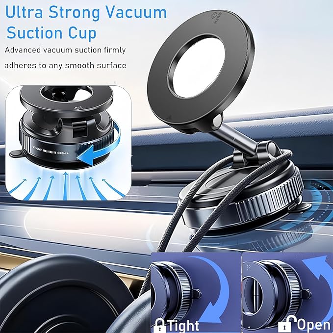 Vacuum Magnetic Car Phone Holder for Your Car, 360° Adjustable Car Phone Mount, Foldable Car Mount, for Magsafe Dashboard Car Bracket Stand for iPhone & Android