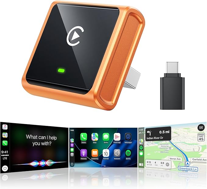 2026 Wireless CarPlay Adapter for Apple Only, Upgrade Mini Aluminium Car Play Adapter Converts Wired to Wireless CarPlay for iPhone, Plug & Play, Auto Connect Fast and Stable, with USB-C, CosmicOrange