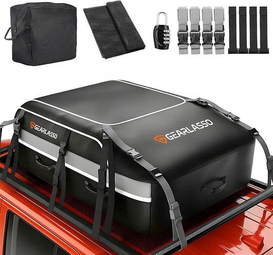 Car Roof Bag 21 Cubic Feet, Waterproof Rooftop Cargo Bag for Cars SUVs & Vans, 840D Heavy-Duty PVC, Universal Fit with or Without Roof Rack- Anti-Slip Mat，Combination Lock，6 Door Hooks，4 Extra Straps