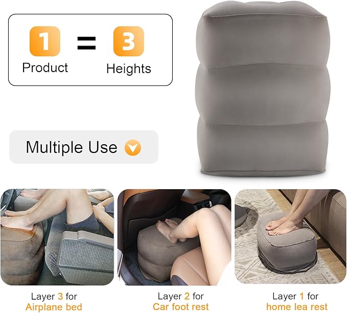Maliton Inflatable Travel Foot Rest Pillow, Kids Airplane Bed, Adjustable Height Leg Pillow for Air Travel, Make a Flat Bed for Kids and Toddlers, Great for Airplane, Train, car（Grey, 1 Pack）