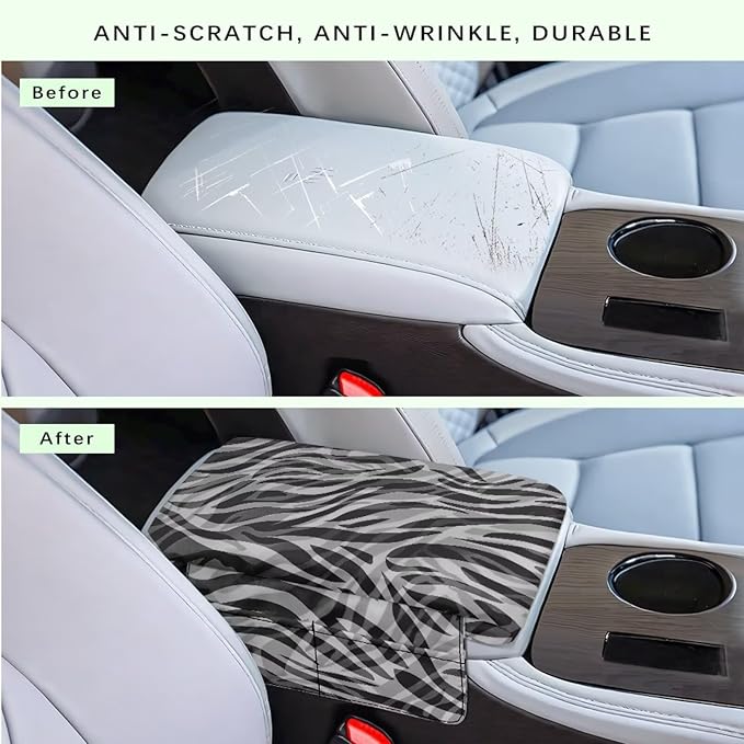 Black Zebra Car Center Console Cover, Upgraded Car Arm Rest Cover with 4 Storage Bags, Universal Armrest Cushion for Car Storage Box Car Interior Accessories Protector for Most Vehicle
