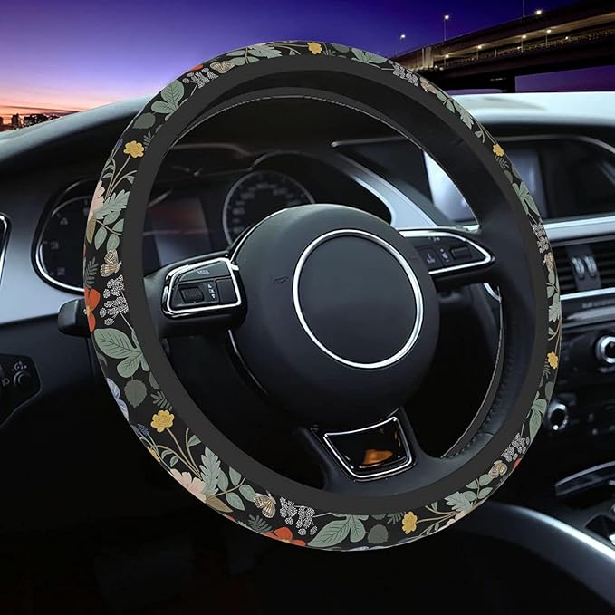 Car Steering Wheel Cover for Women Men, Non-Slip Garden Strawberry Steering Wheel Protector, Universal 14"-15" Fit for Cars, SUVs, Trucks (Garden Strawberry)