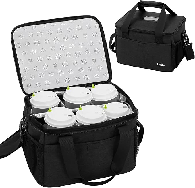 6 Cups Drink Carrier for Delivery, Reusable Cup Holder with Handle, Insulated Collapsible Drink Carrier, Adjustable Dividers, Shoulder Strap, Portable Cooler Tote Bag for Delivery, Travel, Car (Black)