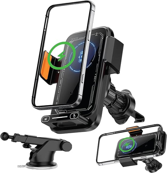 15W Wireless Car Charger & Auto Rotating Car Phone Holder MagSafe Compatible with LED Lights, Gesture Control Clamping, Auto Arm Opening, Built-In Battery, Dual Mount Options for Vent or Dashboard