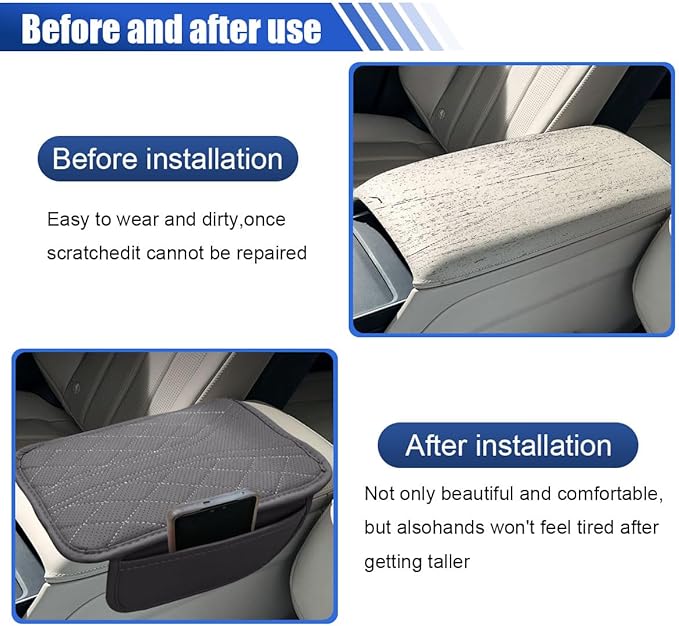 Car Center Console Cover with 2 Storage Bags - Leather Car Armrest Cushion Pad Vehicle Middle Console Cover, Universal Armrest Seat Box Protector Auto Interior Accessories for SUV, Truck, Sedan (Gray)