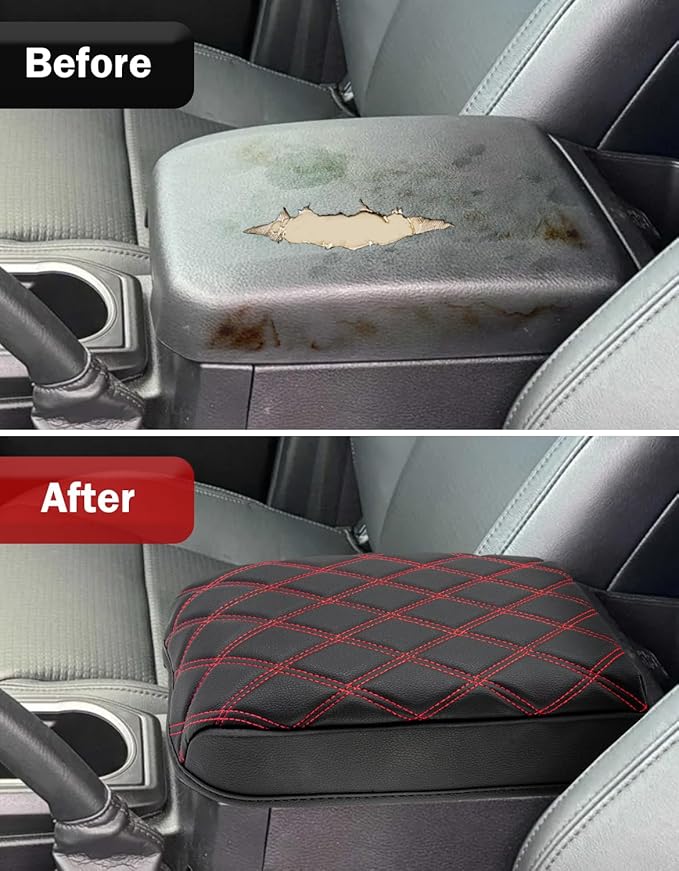 KBH Center Console Armrest Cover for Toyota Tacoma 2016-2023, Interior Accessories, Middle Console Lid Cushion, Arm Rest Cover Protector, Vinyl Leather, Black-Red Stitches
