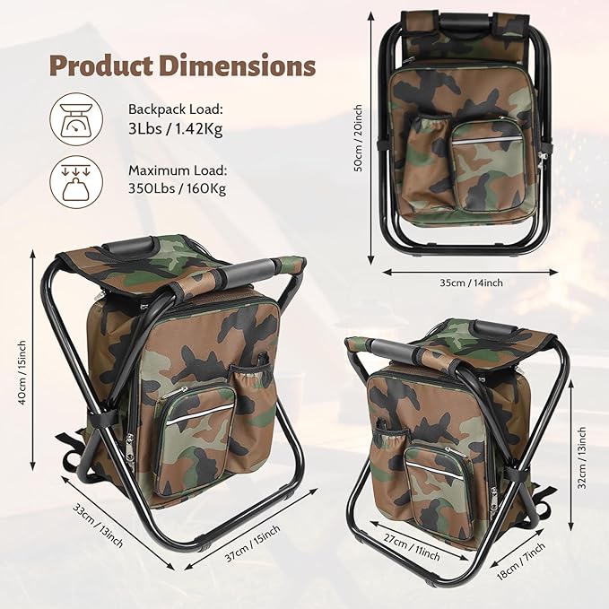 Folding Camping Chair Stool Backpack with Cooler Insulated Picnic Bag, Portable Hunting Fishing Multifunction Chair for Outdoors Hiking Hunting Travel (Camouflage)