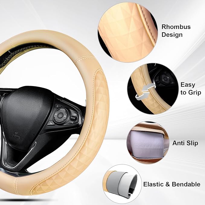 CAR PASS 3D Rhombus Leather Steering Wheel Cover Car Accessories Set, Comfortable Center Console Armrest Cushion with Storage Bags 2 Non-Slip Cup Coasters, 14.5-15in Car Interior Sets, 4 PCS All Beige