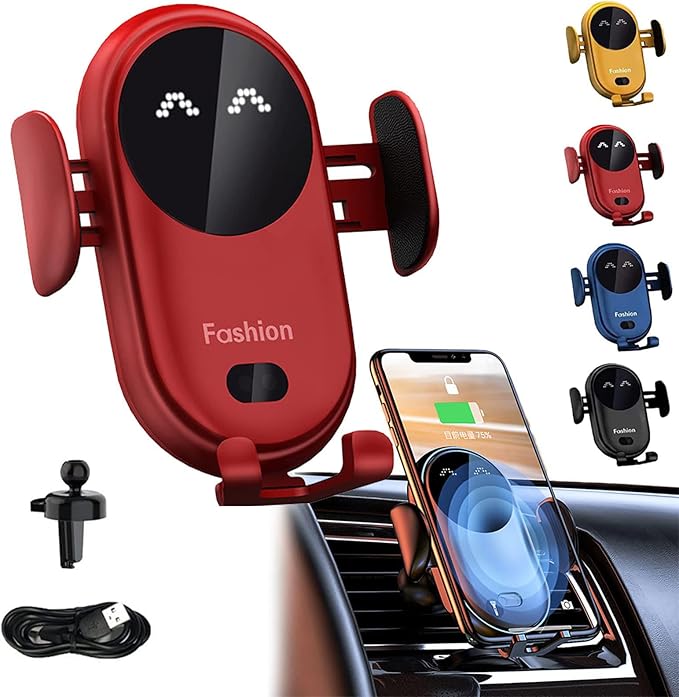 Smart Car Wireless Charger Phone Holder, Fashion Car Charger, Smart Sensor Car Wireless Charger, Automatic PhoneHolder forCar, for All Phone (Red)