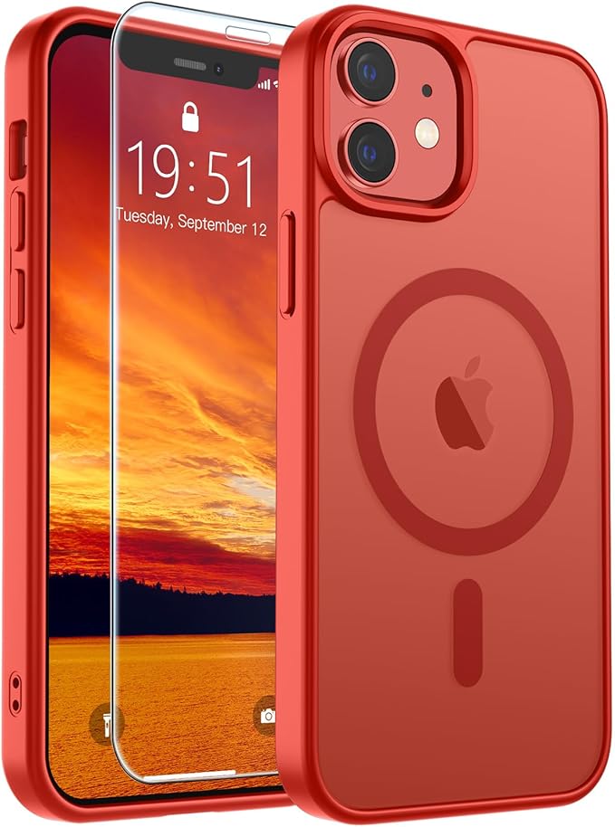 SUPFINE Magnetic for iPhone 12 Mini Case & iPhone 13 Mini Case (Compatible with MagSafe) (Military Grade Drop Protection) Slim Translucent Matte Shockproof Phone Cover,Red