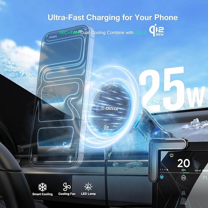 Esoulk [2026 Upgraded] Qi2 25W Fast Wireless Car Charger for Tesla Model 3/Y, Magnetic Phone Mount with Active Cooling Fan, Dashboard Screen Mount for iPhone & Android